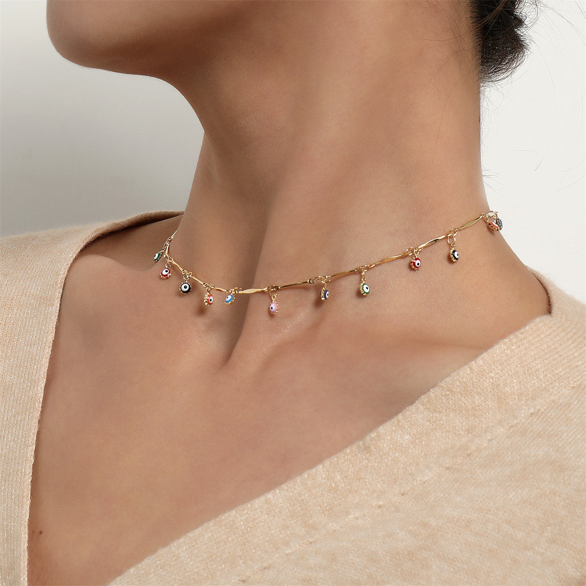 Multicolor Enamel & 18K Gold-Plated Evil Eye Station Choker Necklace