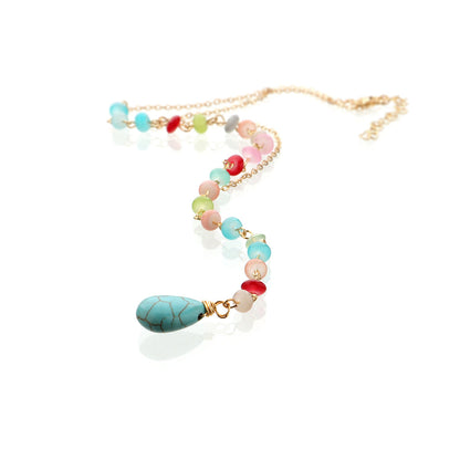 Turquoise and Multicolor Acrylic 18K Gold-Plated Bead Drop Necklace, gold pendant necklace for women, detail close-up