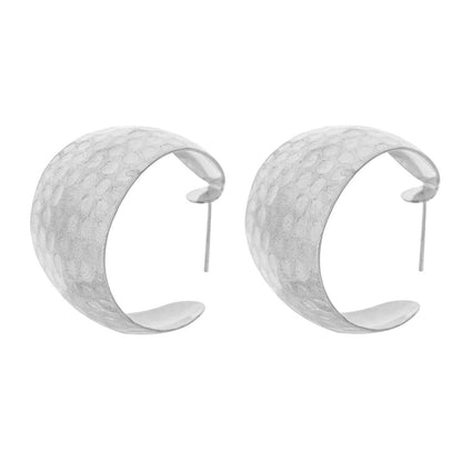 Silver-Plated Fish Scales C-Huggie Earrings, silver huggie earrings, botanical inspired, front view