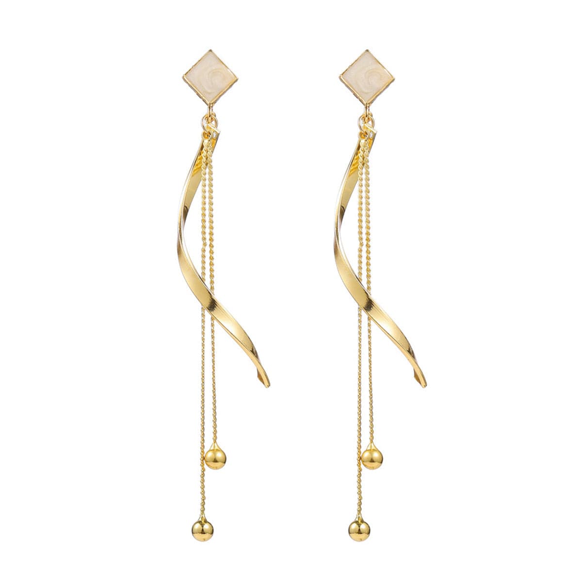 White Enamel and 18K Gold-Plated Rhombus Twisted Tassel Drop Earrings, gold drop earrings for women, side view
