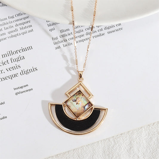 Abalone Shell and Wood 18K Gold-Plated Rhombus Fan Pendant Necklace, gold pendant necklace for women, front view