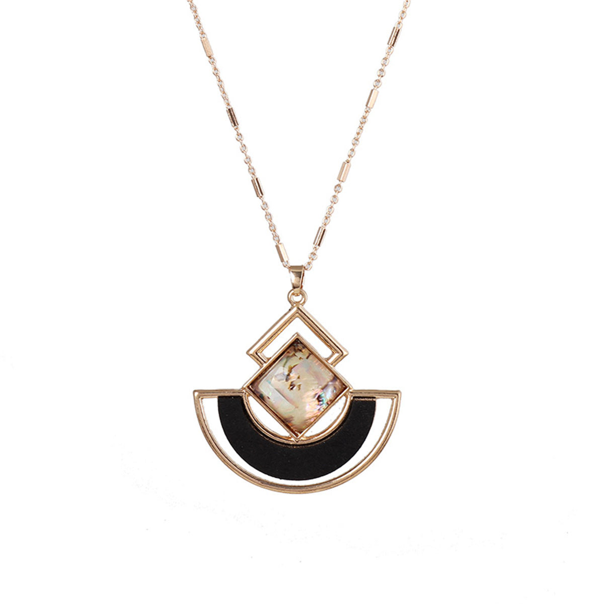 Abalone Shell & Wood 18K Gold-Plated Rhombus Fan Pendant Necklace