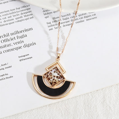 Black Wood and Resin 18K Gold-Plated Leopard Rhombus Fan Pendant Necklace, gold pendant necklace for women, front view