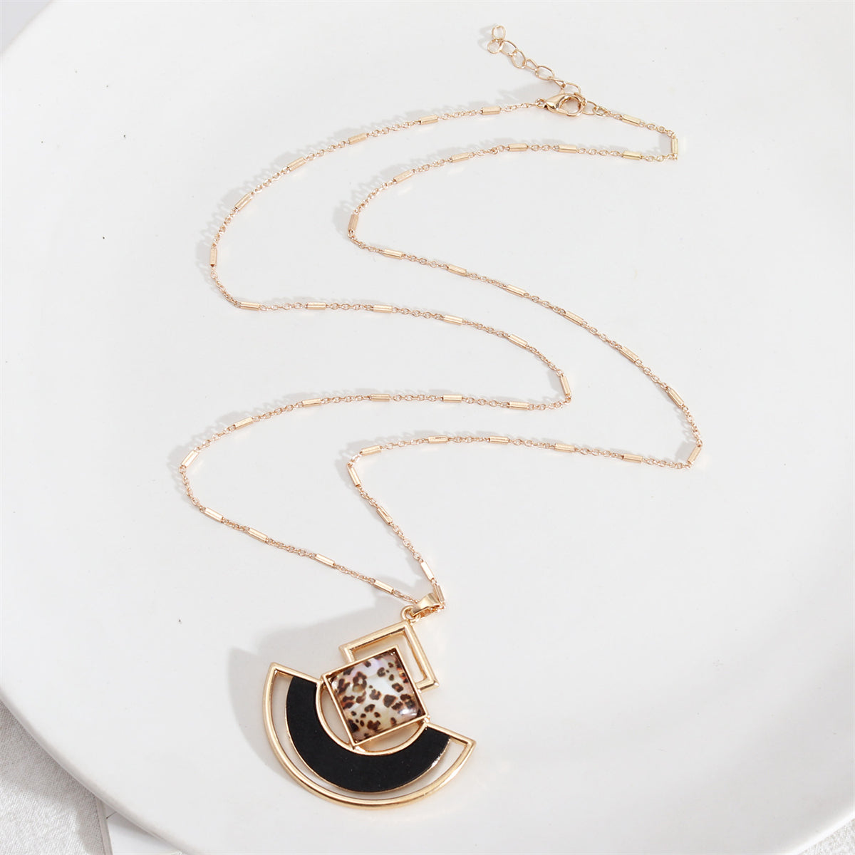 Black Wood and Resin 18K Gold-Plated Leopard Rhombus Fan Pendant Necklace, gold pendant necklace for women, side view