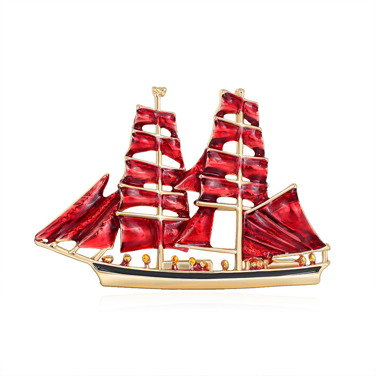 Gold-Plated and Red Oil-Drop Sailboat Brooch, gold brooch pin, dainty minimalist design, front view