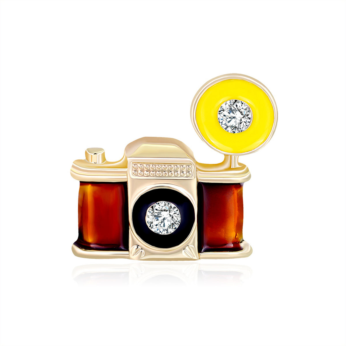 Cubic Zirconia and Gold-Plated Camera Brooch, gold brooch pin, dainty minimalist design, front view