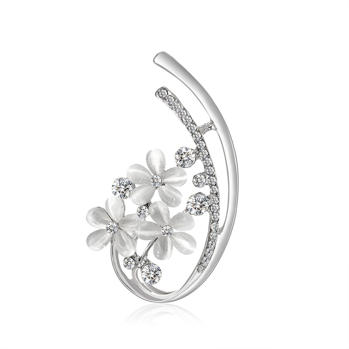 Clear Cubic Zirconia and Cats Eye Silver-Plated Botany Brooch, silver brooch pin, dainty minimalist design, front view