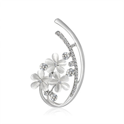 Clear Cubic Zirconia and Cats Eye Silver-Plated Botany Brooch, silver brooch pin, dainty minimalist design, front view