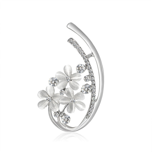 Clear Cubic Zirconia and Cats Eye Silver-Plated Botany Brooch, silver brooch pin, dainty minimalist design, front view
