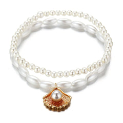 Pearl & 18K Gold-Plated Shell Charm Stretch Anklet Set