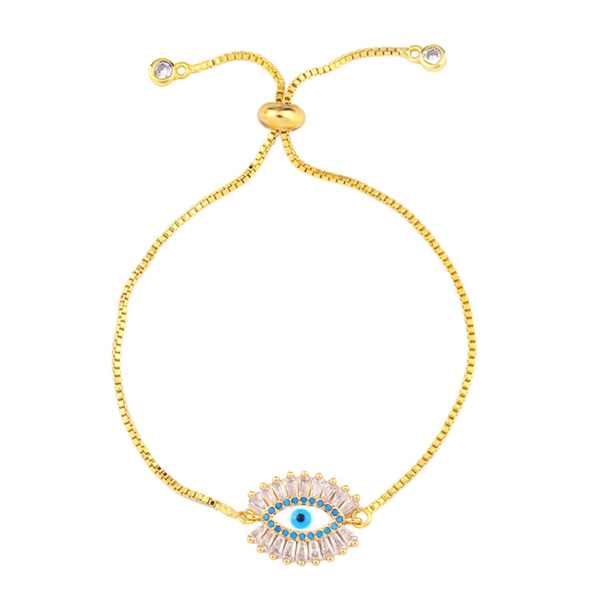Teal Cubic Zirconia & 18K Gold-Plated Evil Eye Adjustable Bracelet