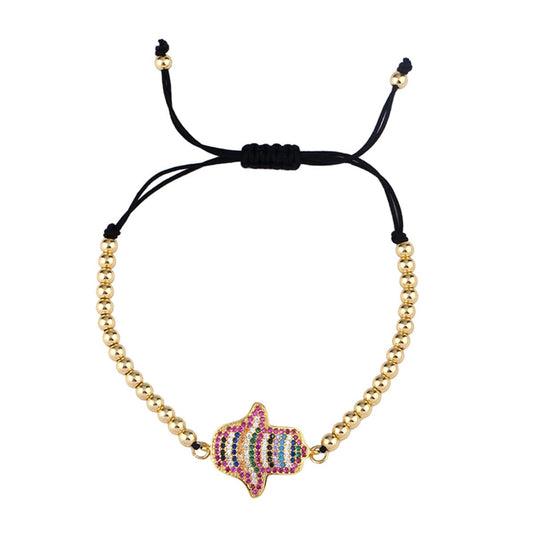 Cubic Zirconia and 18K Gold-Plated Hamsa Adjustable Bracelet, gold bracelet for women, elegant gift for her, front view