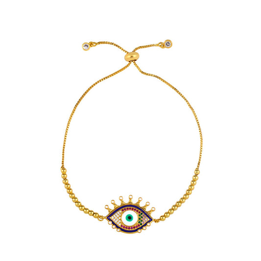Cubic Zirconia and 18K Gold-Plated Evil Eye Adjustable Bracelet, gold bracelet for women, front view