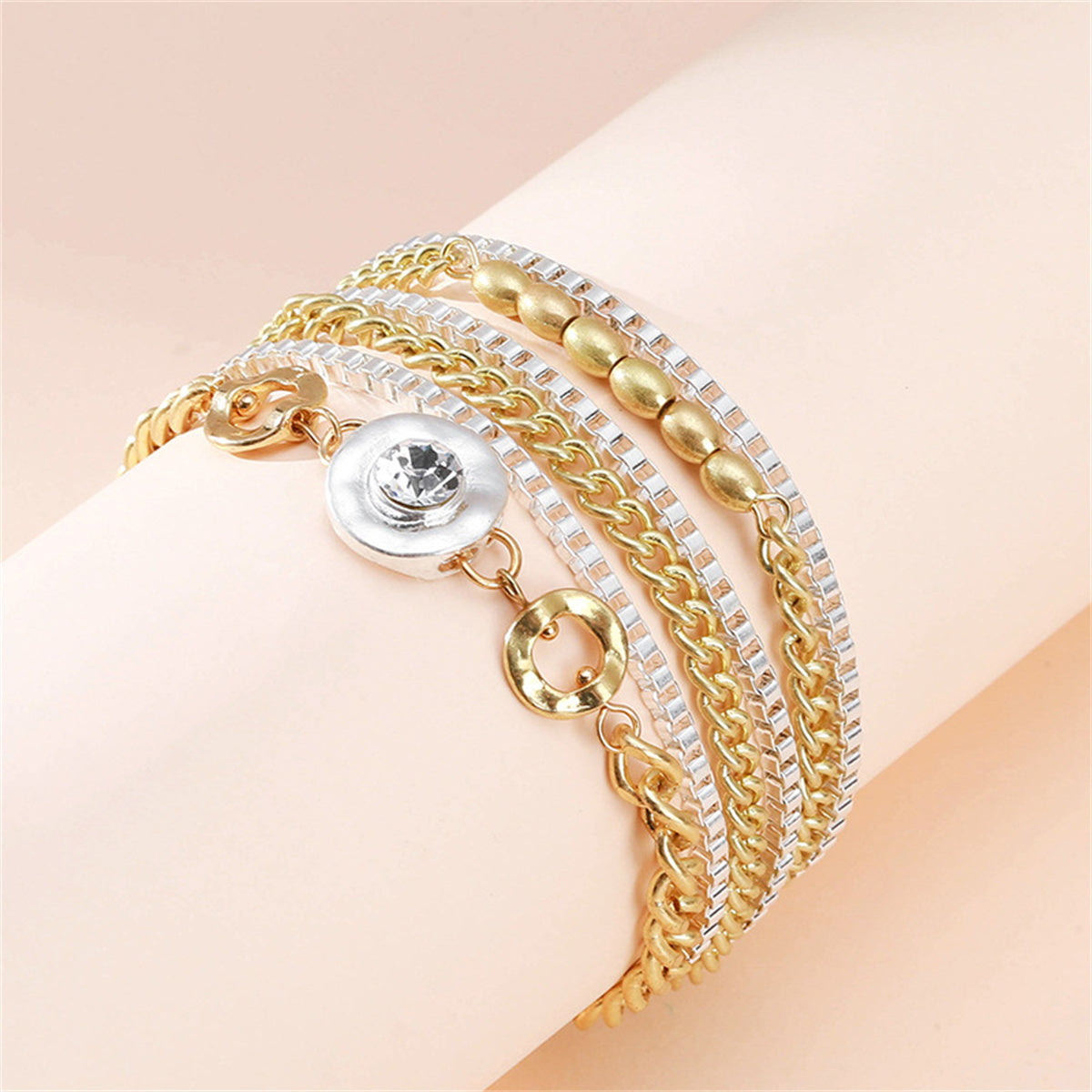 Cubic Zirconia Double Circle Flower Layered Charm Bracelet