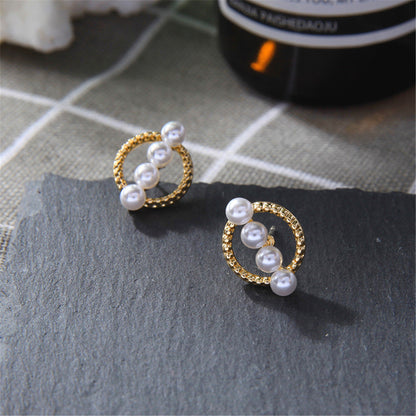 Pearl and 18K Gold-Plated Circle Stud Earrings, gold stud earrings for women, botanical inspired, detail close-up