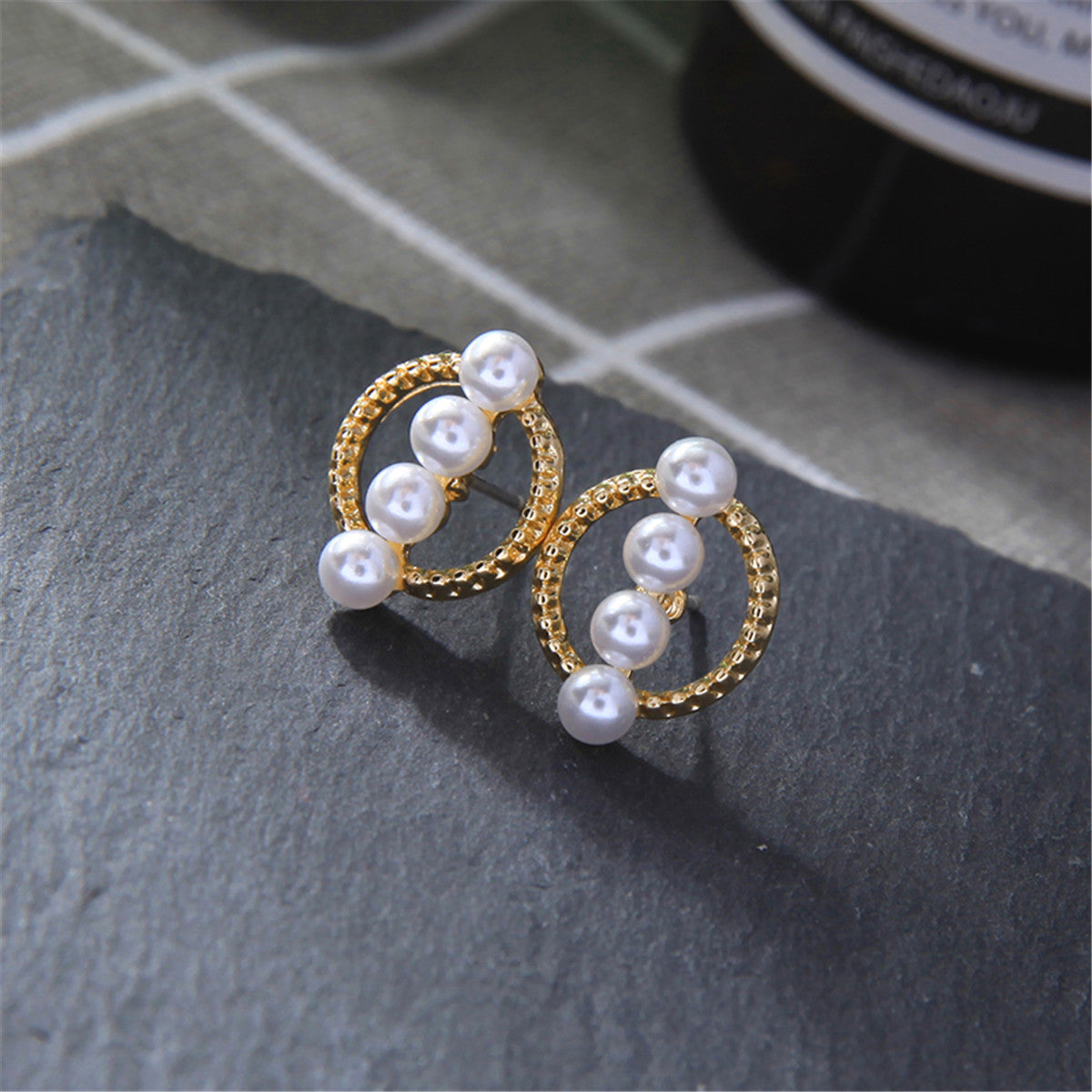 Pearl and 18K Gold-Plated Circle Stud Earrings, gold stud earrings for women, botanical inspired, front view