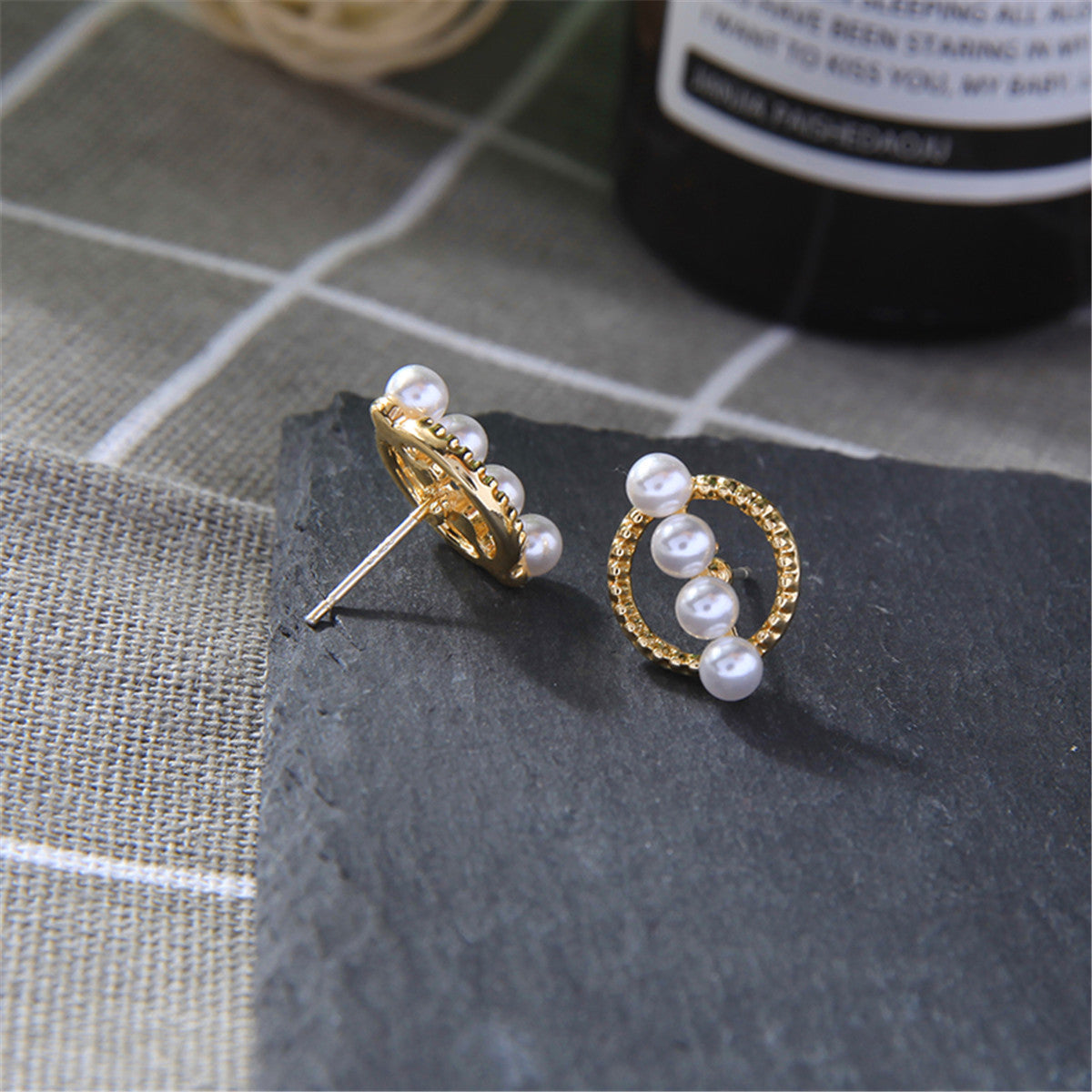 Pearl and 18K Gold-Plated Circle Stud Earrings, gold stud earrings for women, botanical inspired, lifestyle look