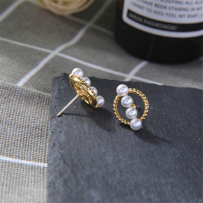 Pearl and 18K Gold-Plated Circle Stud Earrings, gold stud earrings for women, botanical inspired, lifestyle look