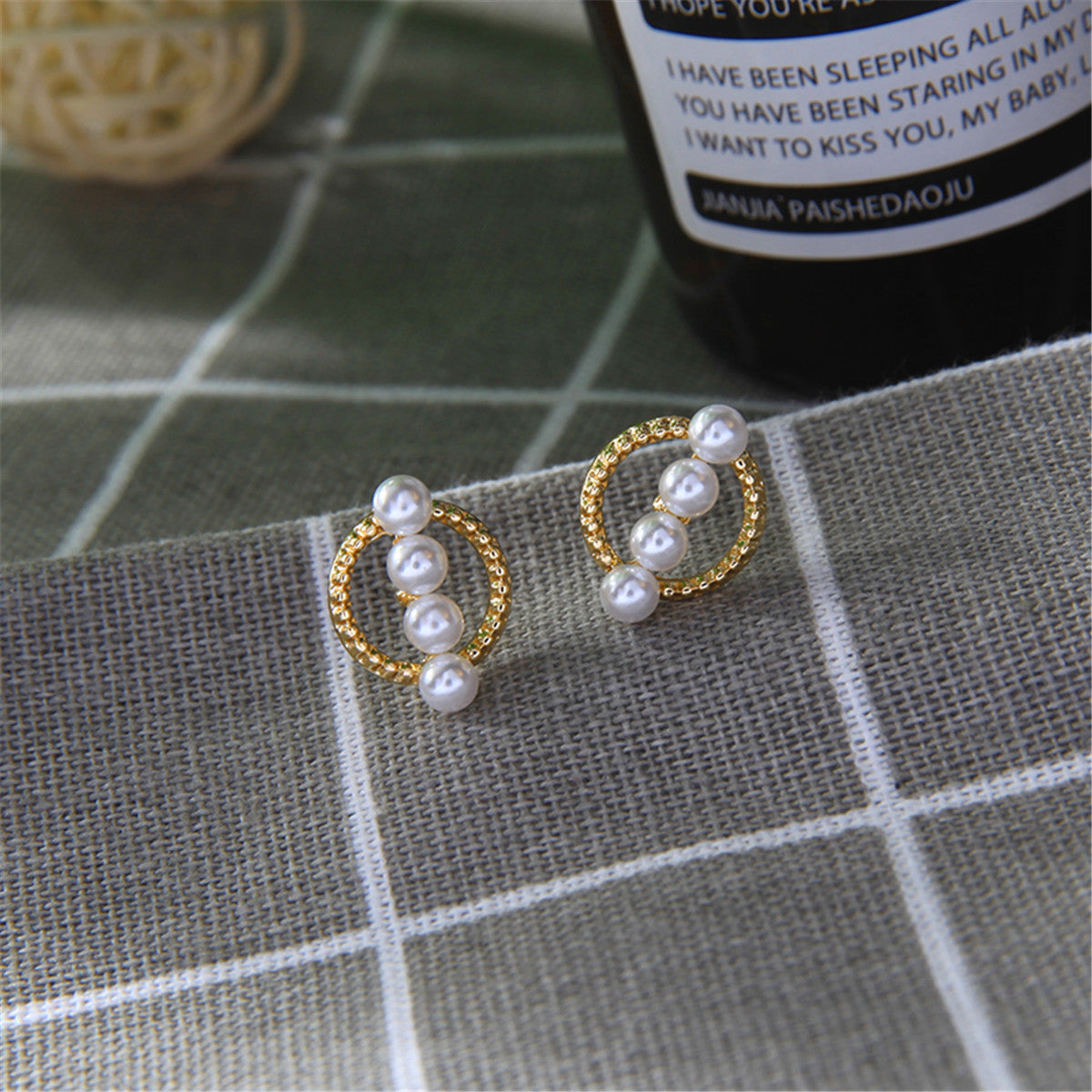 Pearl and 18K Gold-Plated Circle Stud Earrings, gold stud earrings for women, botanical inspired, styled look