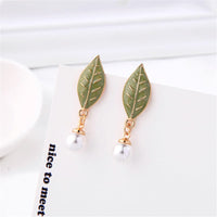 Imitation Pearl & Green Enamel Leaf Drop Earrings