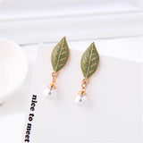 Imitation Pearl & Green Enamel Leaf Drop Earrings