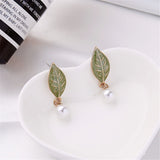 Imitation Pearl & Green Enamel Leaf Drop Earrings