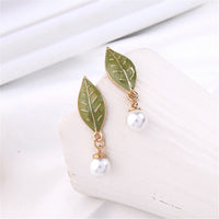 Imitation Pearl & Green Enamel Leaf Drop Earrings