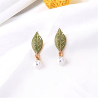 Imitation Pearl & Green Enamel Leaf Drop Earrings