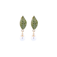 Imitation Pearl & Green Enamel Leaf Drop Earrings