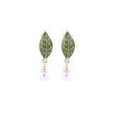 Imitation Pearl & Green Enamel Leaf Drop Earrings