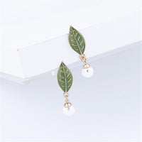 Imitation Pearl & Green Enamel Leaf Drop Earrings