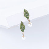 Imitation Pearl & Green Enamel Leaf Drop Earrings