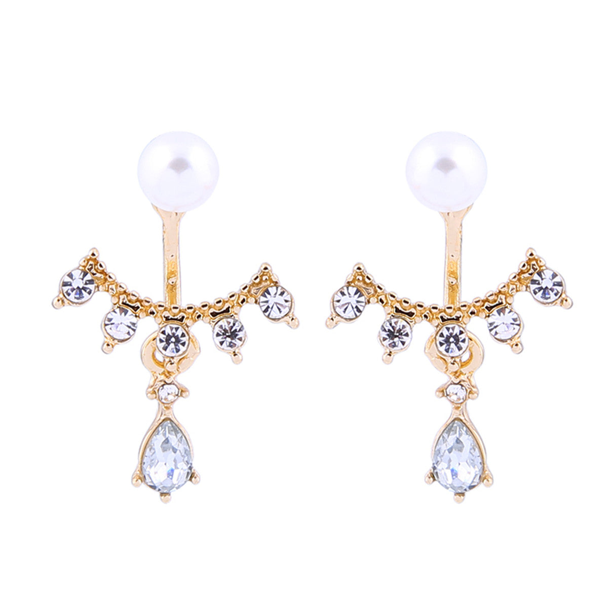 Cubic Zirconia and Pearl 18K Gold-Plated Drop Earrings, gold drop earrings for women, dainty minimalist design, front view