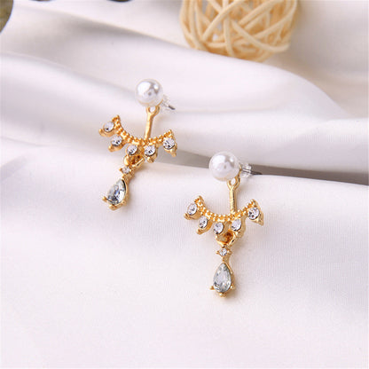 Cubic Zirconia and Pearl 18K Gold-Plated Drop Earrings, gold drop earrings for women, dainty minimalist design, side view