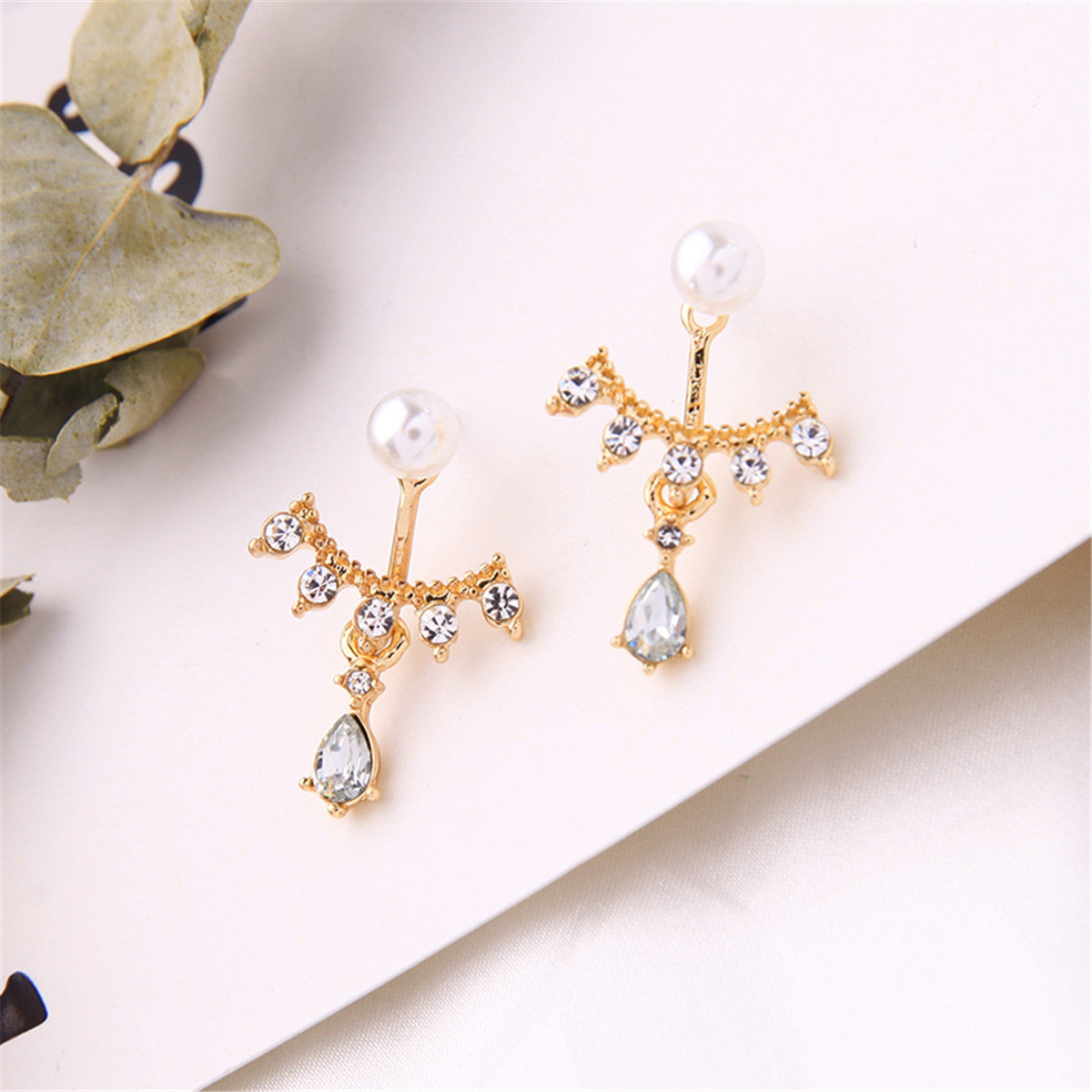 Cubic Zirconia and Pearl 18K Gold-Plated Drop Earrings, gold drop earrings for women, dainty minimalist design, styled look