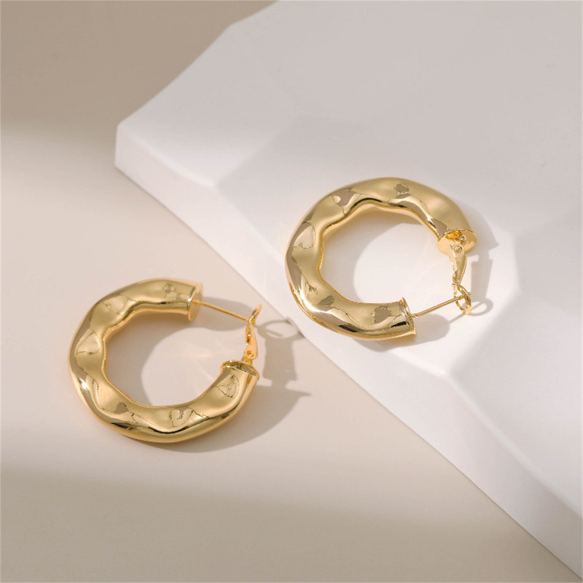 18K Gold-Plated Hammered Geometric Hoop Earrings, gold hoop earrings for women, vintage-inspired design, side view