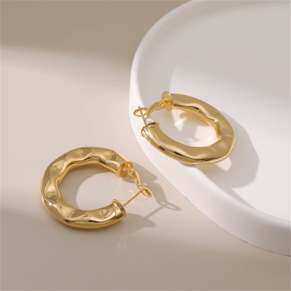 18K Gold-Plated Hammered Geometric Hoop Earrings, gold hoop earrings for women, vintage-inspired design, lifestyle look