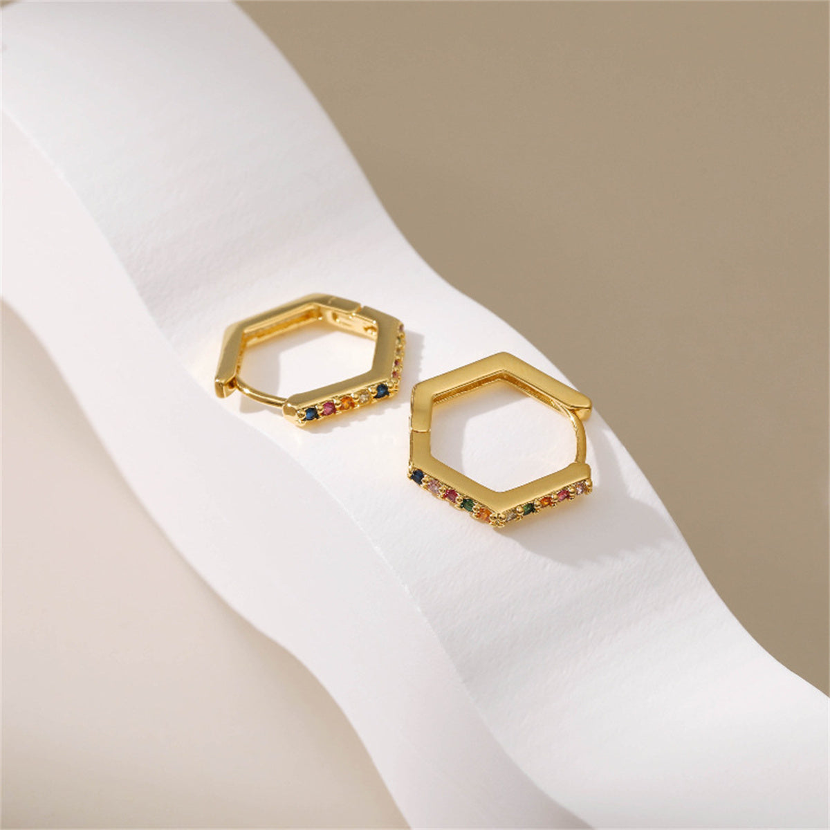 Rainbow Cubic Zirconia & 18K Gold-Plated Pentagon Hoop Earrings