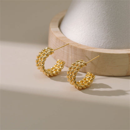 18K Gold-Plated Tri-Twine Huggie Earrings, gold huggie earrings, dainty minimalist design, side view