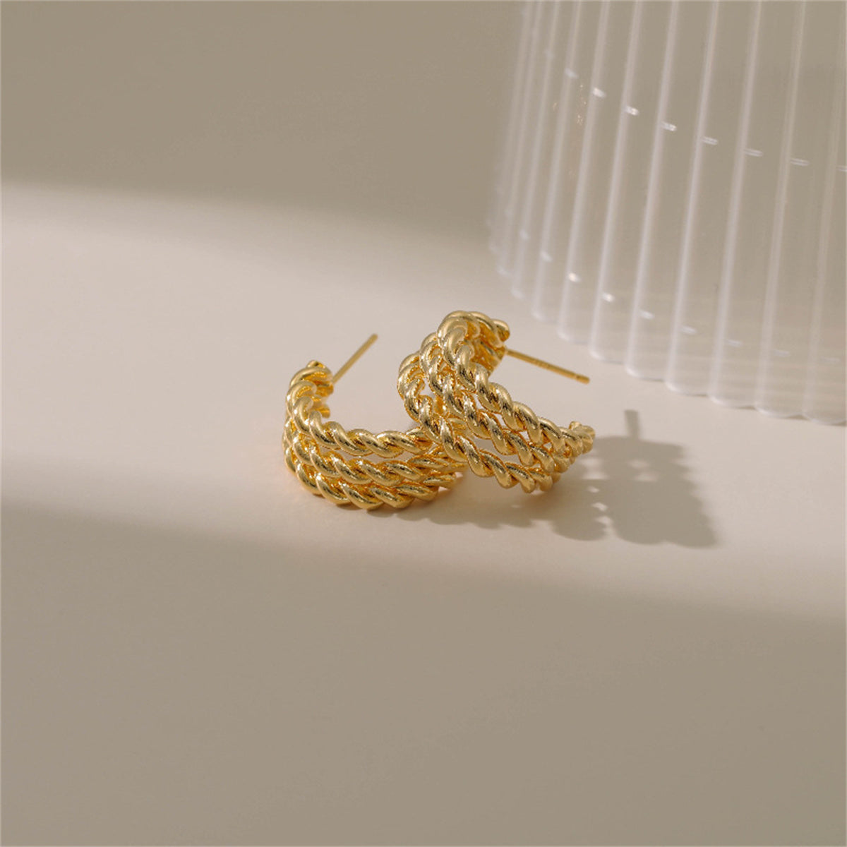 18K Gold-Plated Tri-Twine Huggie Earrings, gold huggie earrings, dainty minimalist design, detail close-up