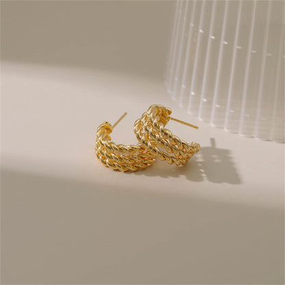 18K Gold-Plated Tri-Twine Huggie Earrings, gold huggie earrings, dainty minimalist design, detail close-up