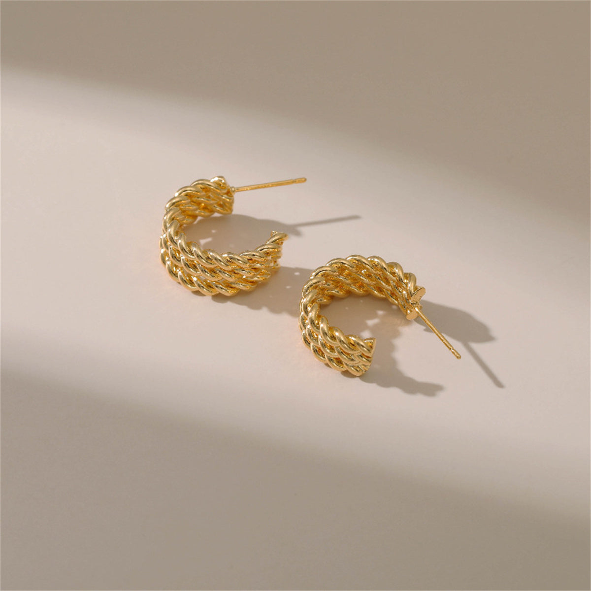 18K Gold-Plated Tri-Twine Huggie Earrings, gold huggie earrings, dainty minimalist design, lifestyle look