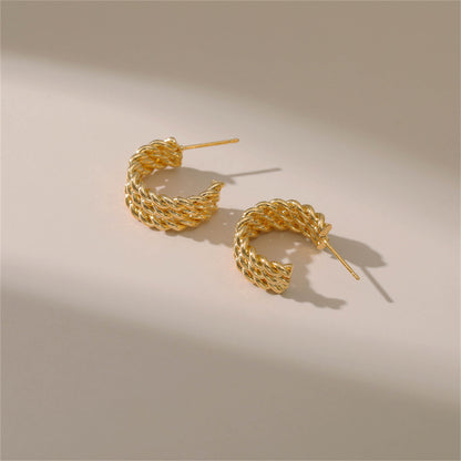 18K Gold-Plated Tri-Twine Huggie Earrings, gold huggie earrings, dainty minimalist design, lifestyle look