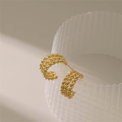 18K Gold-Plated Tri-Twine Huggie Earrings, gold huggie earrings, dainty minimalist design, styled look