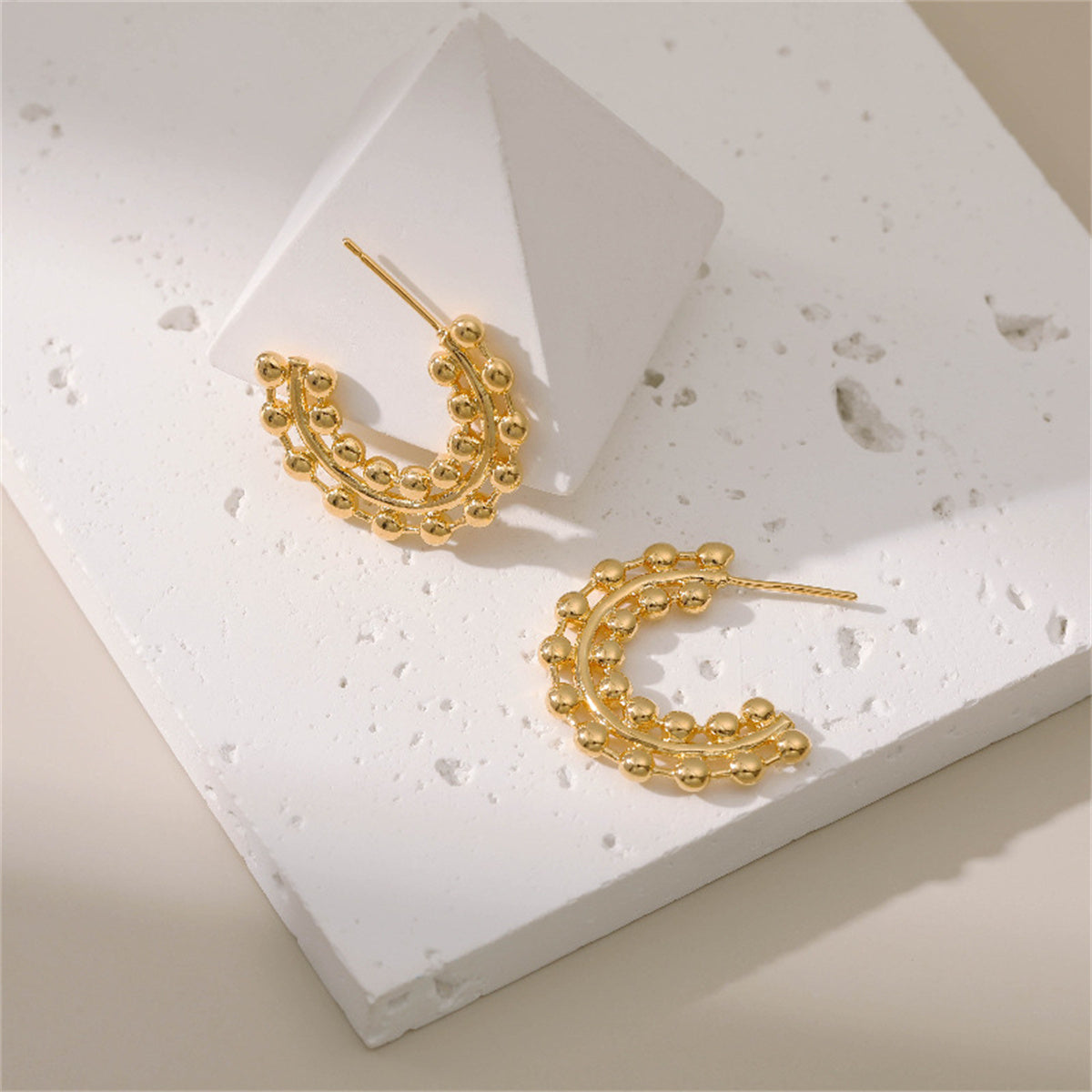 18K Gold-Plated Layered Beaded Huggie Earrings, gold huggie earrings, vintage-inspired design, side view