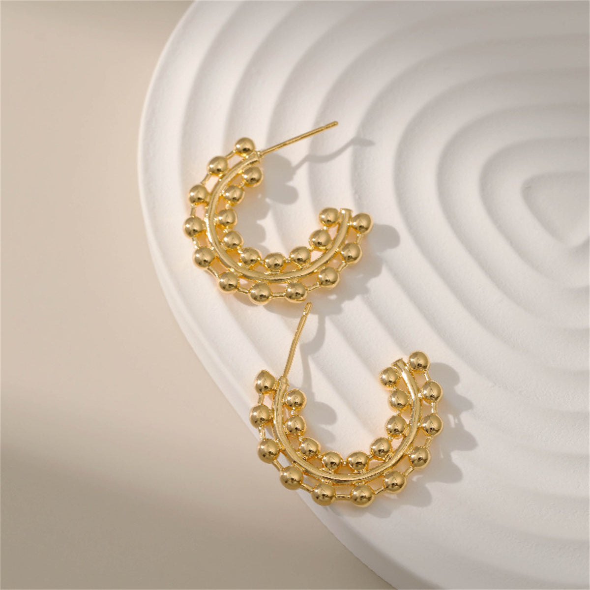 18K Gold-Plated Layered Beaded Huggie Earrings, gold huggie earrings, vintage-inspired design, detail close-up