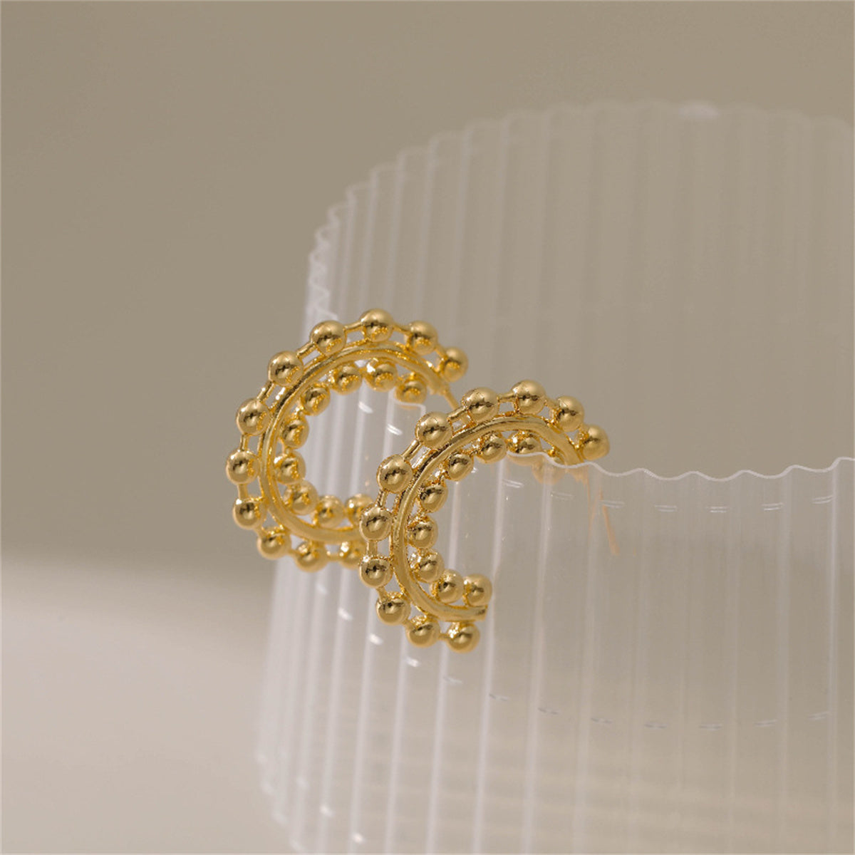 18K Gold-Plated Layered Beaded Huggie Earrings, gold huggie earrings, vintage-inspired design, lifestyle look