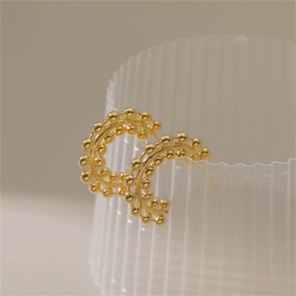 18K Gold-Plated Layered Beaded Huggie Earrings, gold huggie earrings, vintage-inspired design, lifestyle look