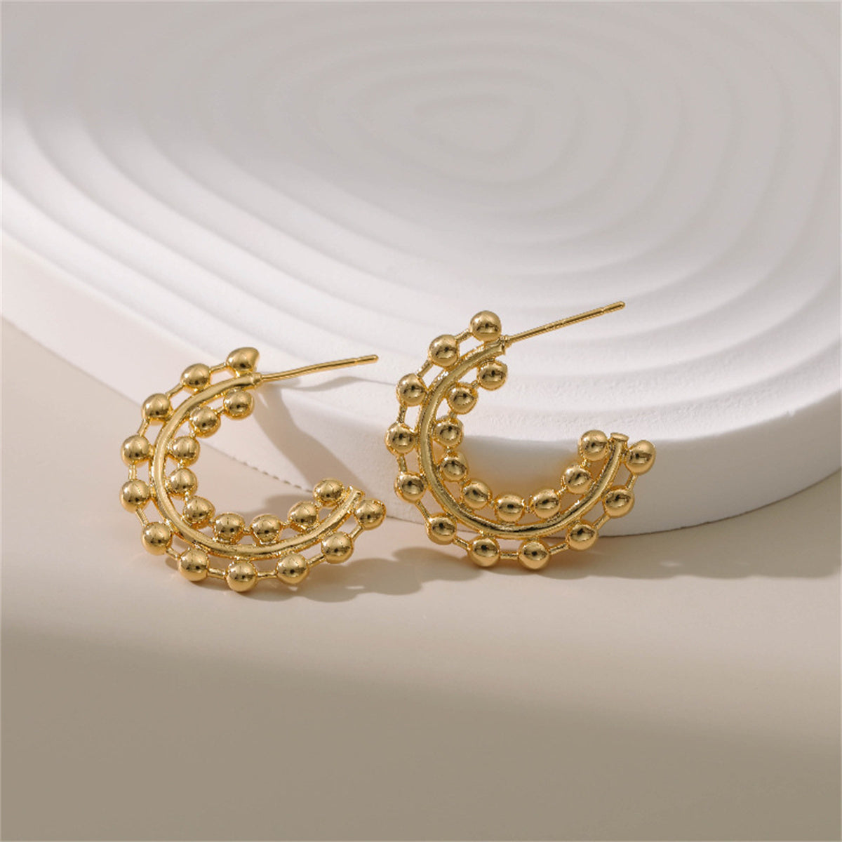 18K Gold-Plated Layered Beaded Huggie Earrings, gold huggie earrings, vintage-inspired design, front view