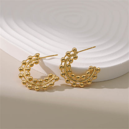 18K Gold-Plated Layered Beaded Huggie Earrings, gold huggie earrings, vintage-inspired design, front view